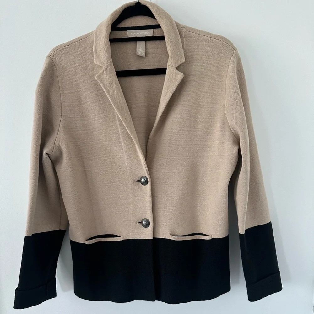 Banana Republic Blazer jacket cotton two tone Navy - Tan Size L Spandex . NWOT - Picture 2 of 9
